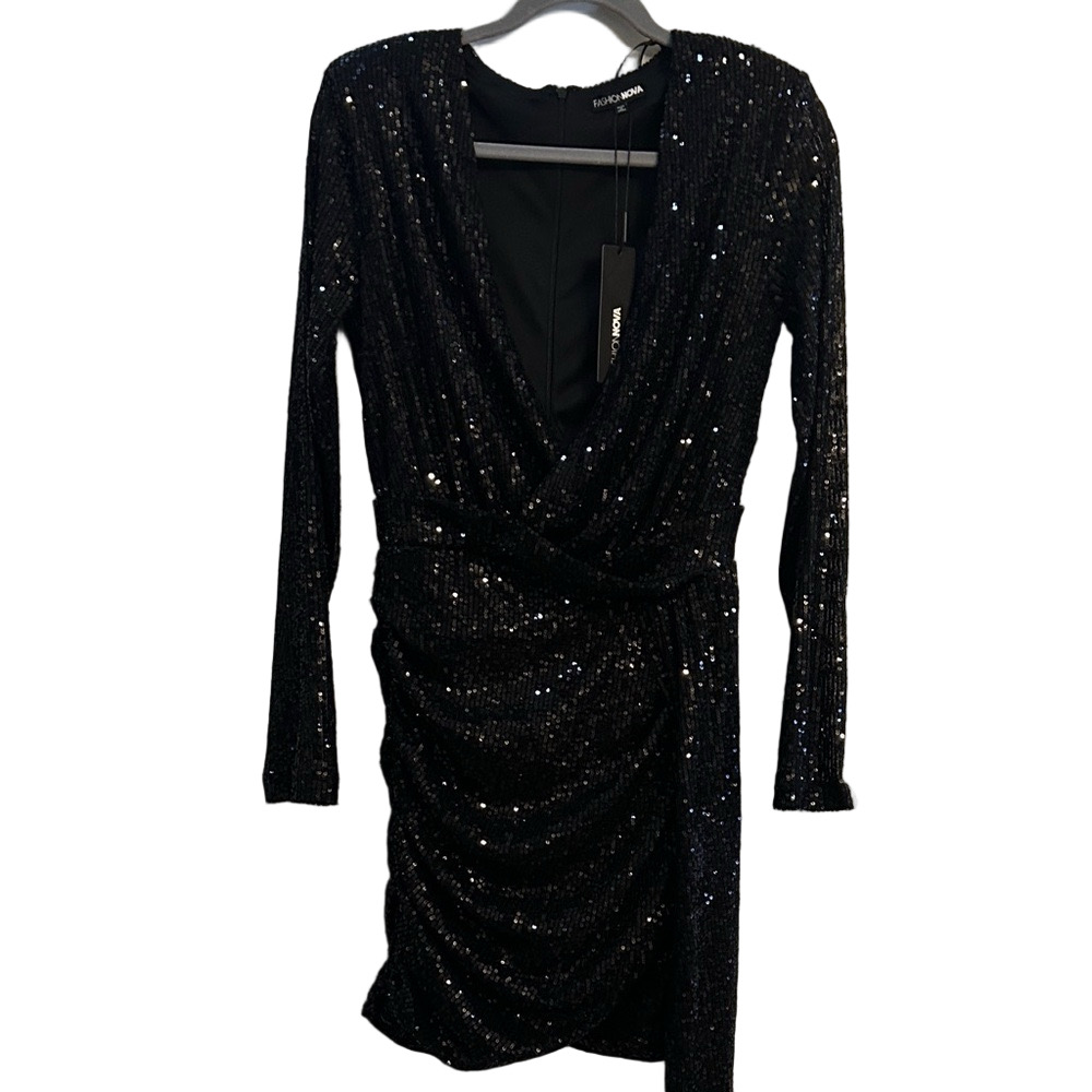 Fashion Nova Black Sequin Long Sleeve Wrap Mini Dress Ruched Bodycon M